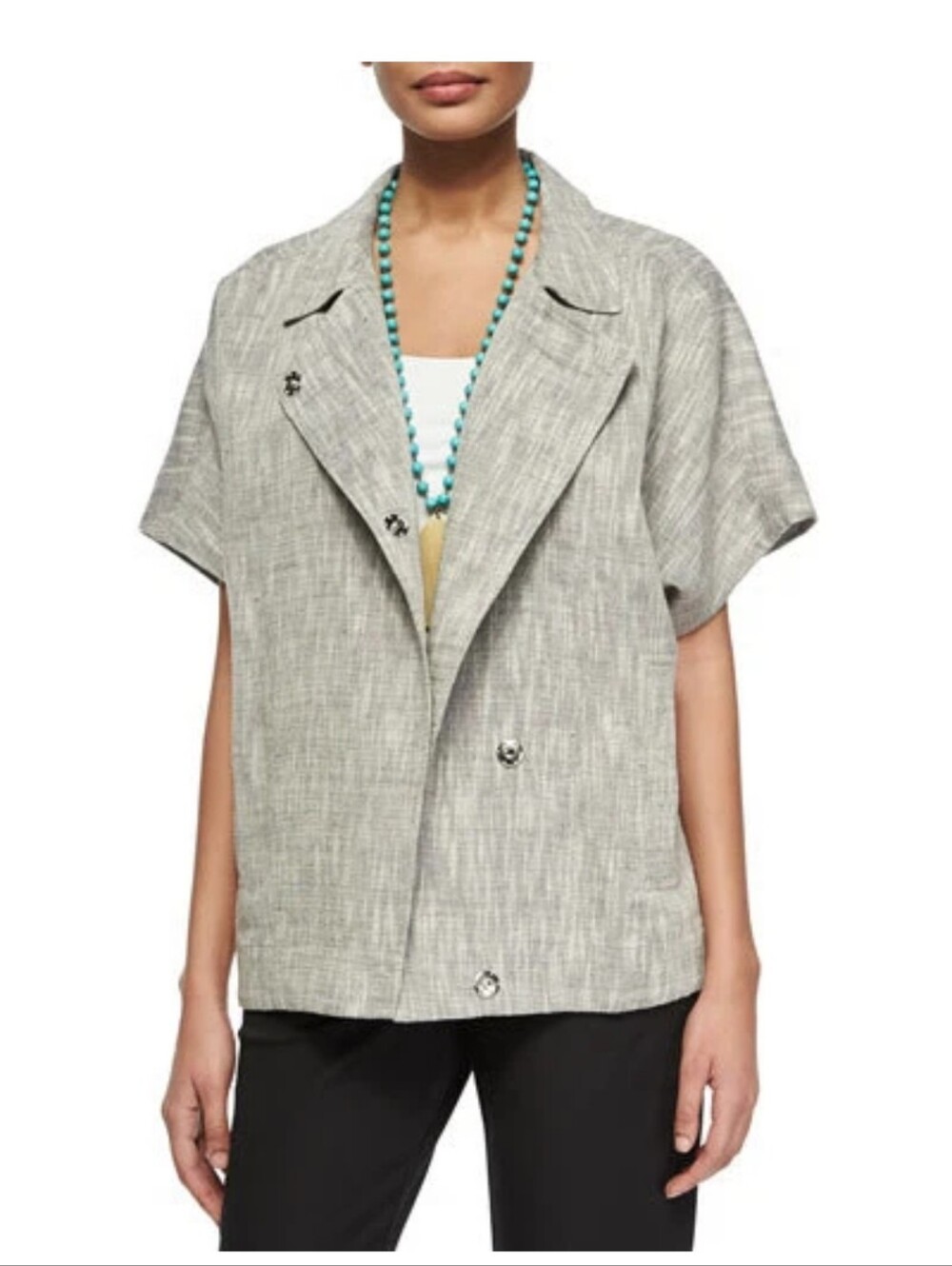 EILEEN FISHER Gray Woven Short Sleeve Cotton & Linen Boxy Layering Jacket Sz M - Picture 2 of 10